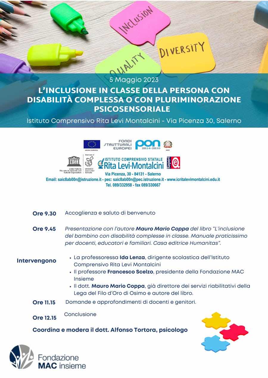 particolare della locandina della presentazione del libro con in evidenza le parole in inglese inclusione, uguaglianza, qualità 