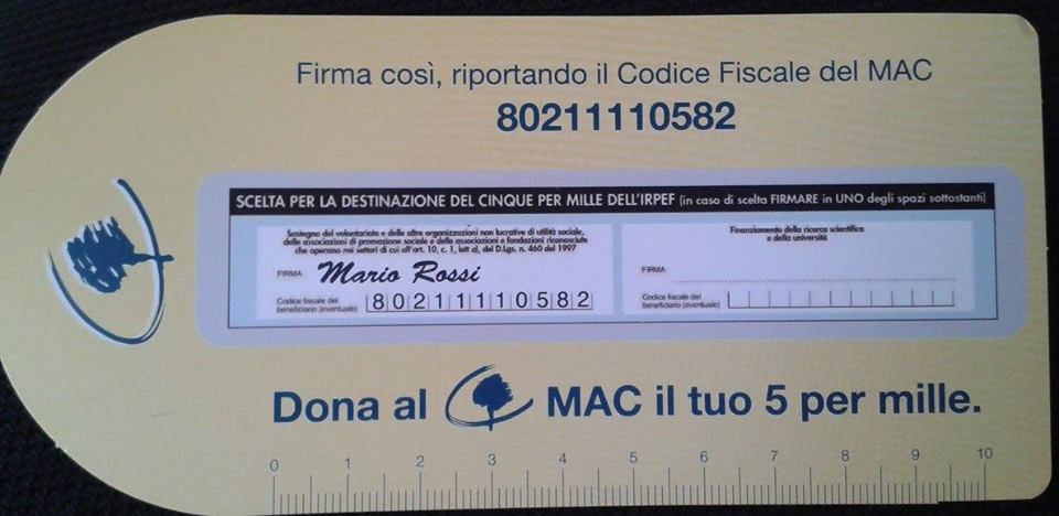segnalibro righello promemoria per donare il 5 per mille al MAC